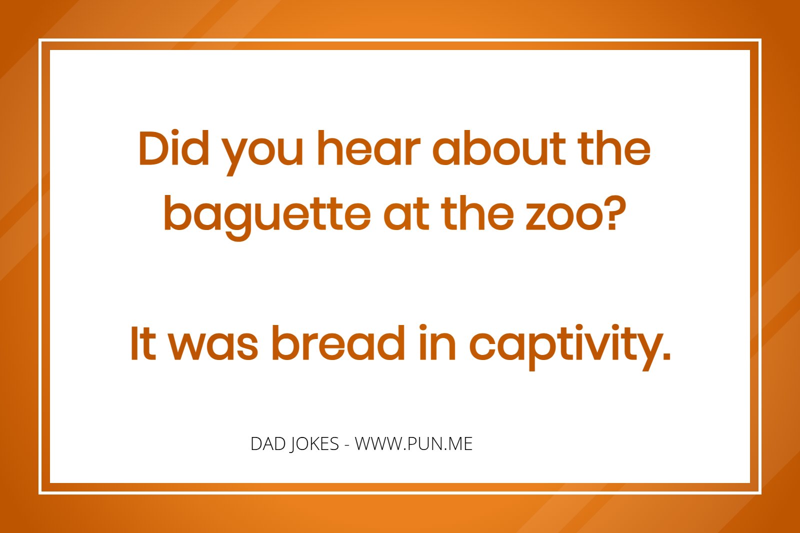 Dad joke - Did you hear about the baguette at the zoo? It was bread in captivity.